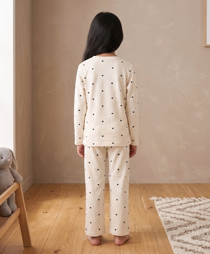 Love Heart Print Girls Long Sleeve Pyjama Set -Off White