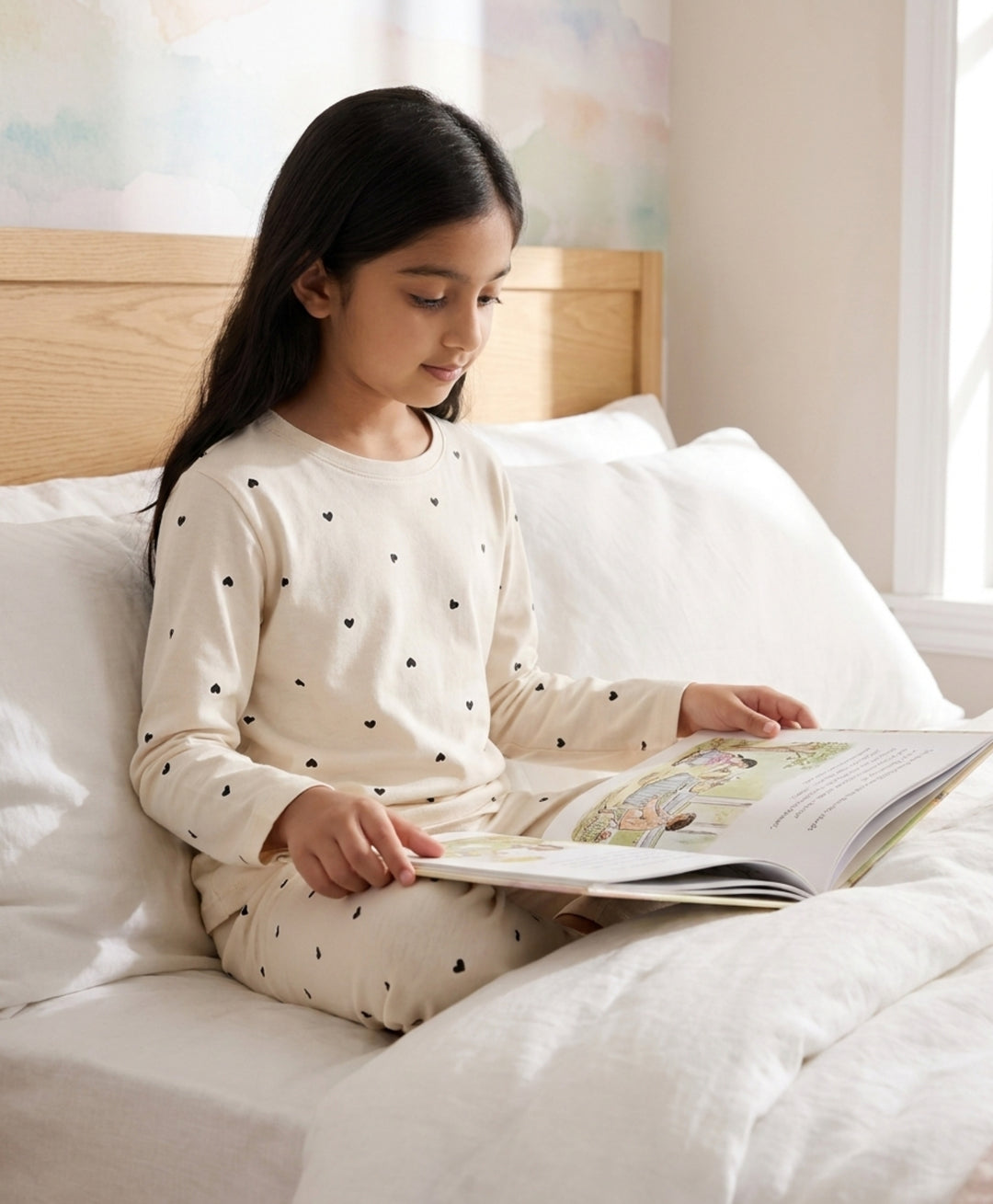 Love Heart Print Girls Long Sleeve Pyjama Set -Off White