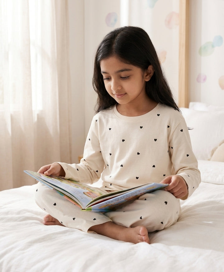 Love Heart Print Girls Long Sleeve Pyjama Set -Off White