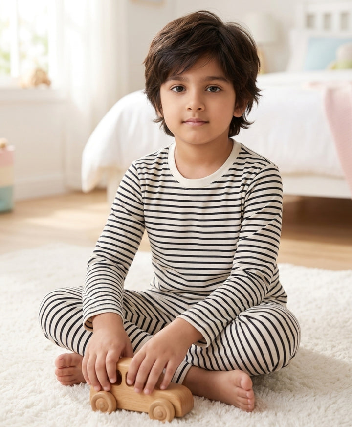 Black White Stripe Long Sleeve Pyjama Set - Black/White