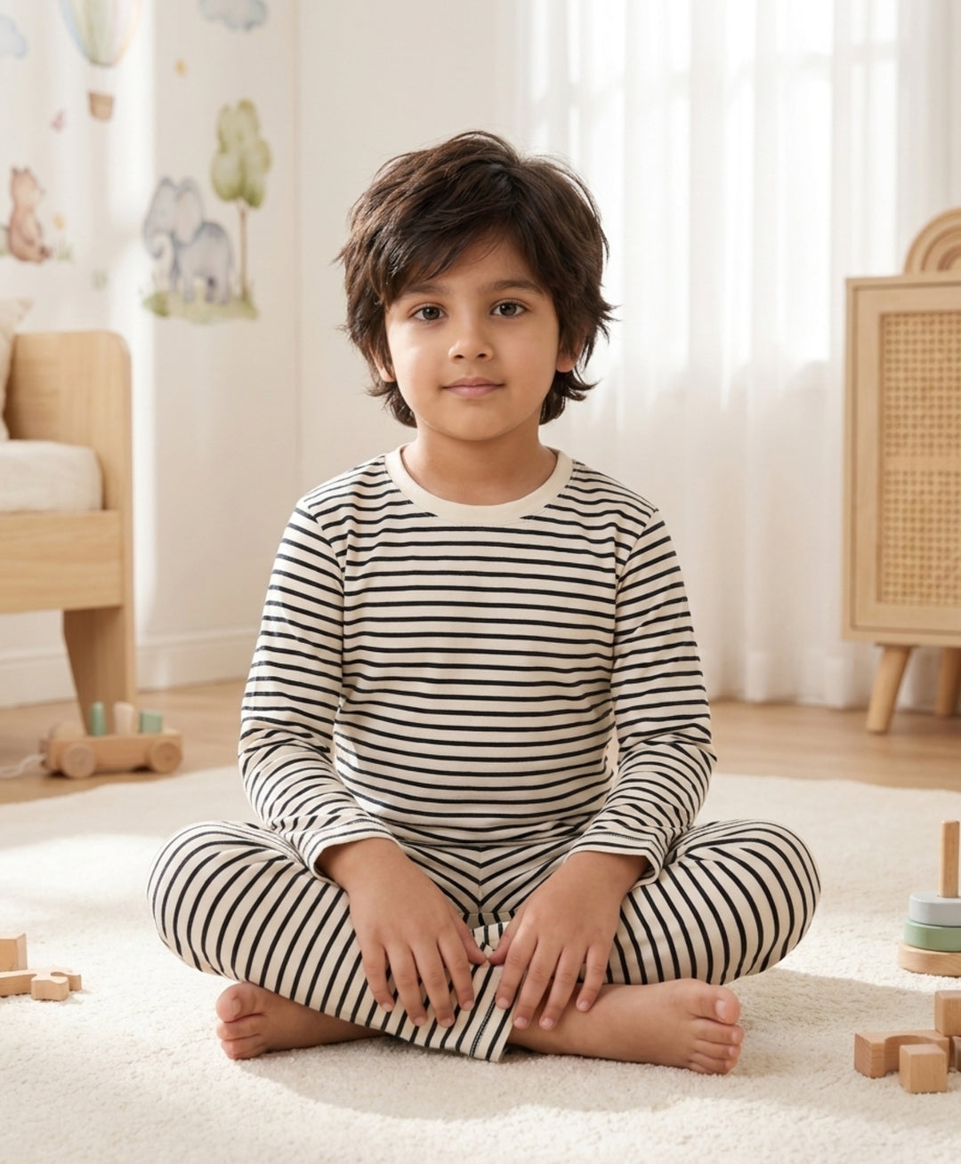 Black White Stripe Long Sleeve Pyjama Set - Black/White
