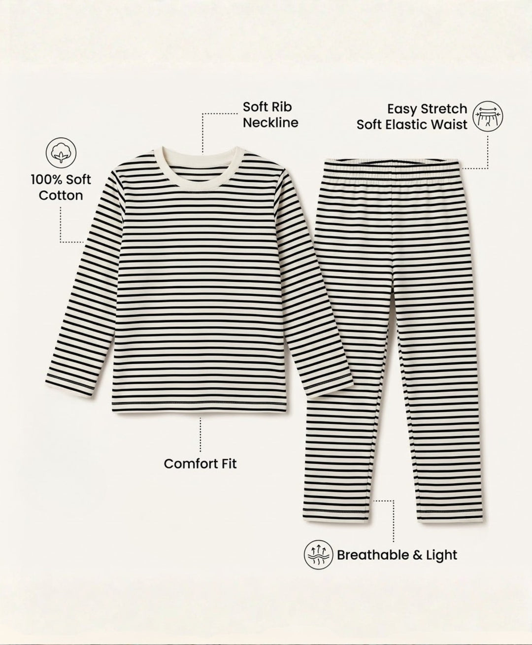 Black White Stripe Long Sleeve Pyjama Set - Black/White
