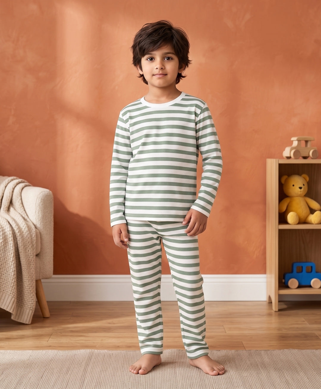 Green White Stripe Long Sleeve Pyjama Set - Green/White