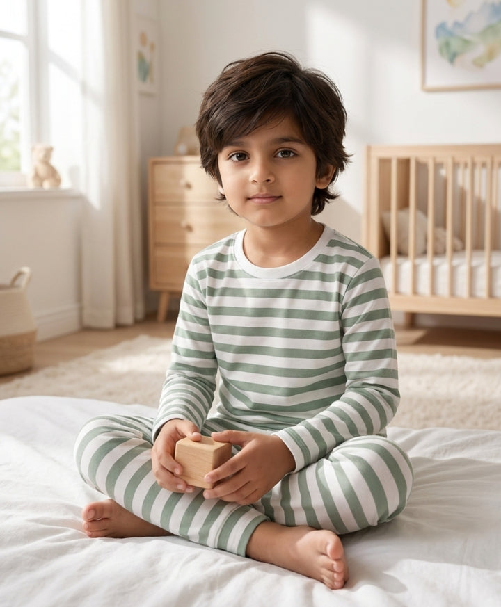 Green White Stripe Long Sleeve Pyjama Set - Green/White