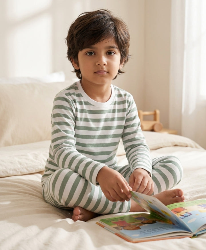 Green White Stripe Long Sleeve Pyjama Set - Green/White