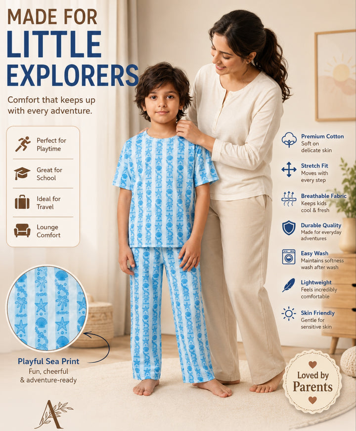 Beach Day Stripe Short Sleeve Pyjama Set - Sky