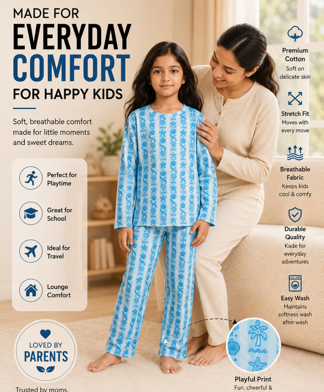 Beach Day Stripe Girls Long Sleeve Pyjama Set  - Sky