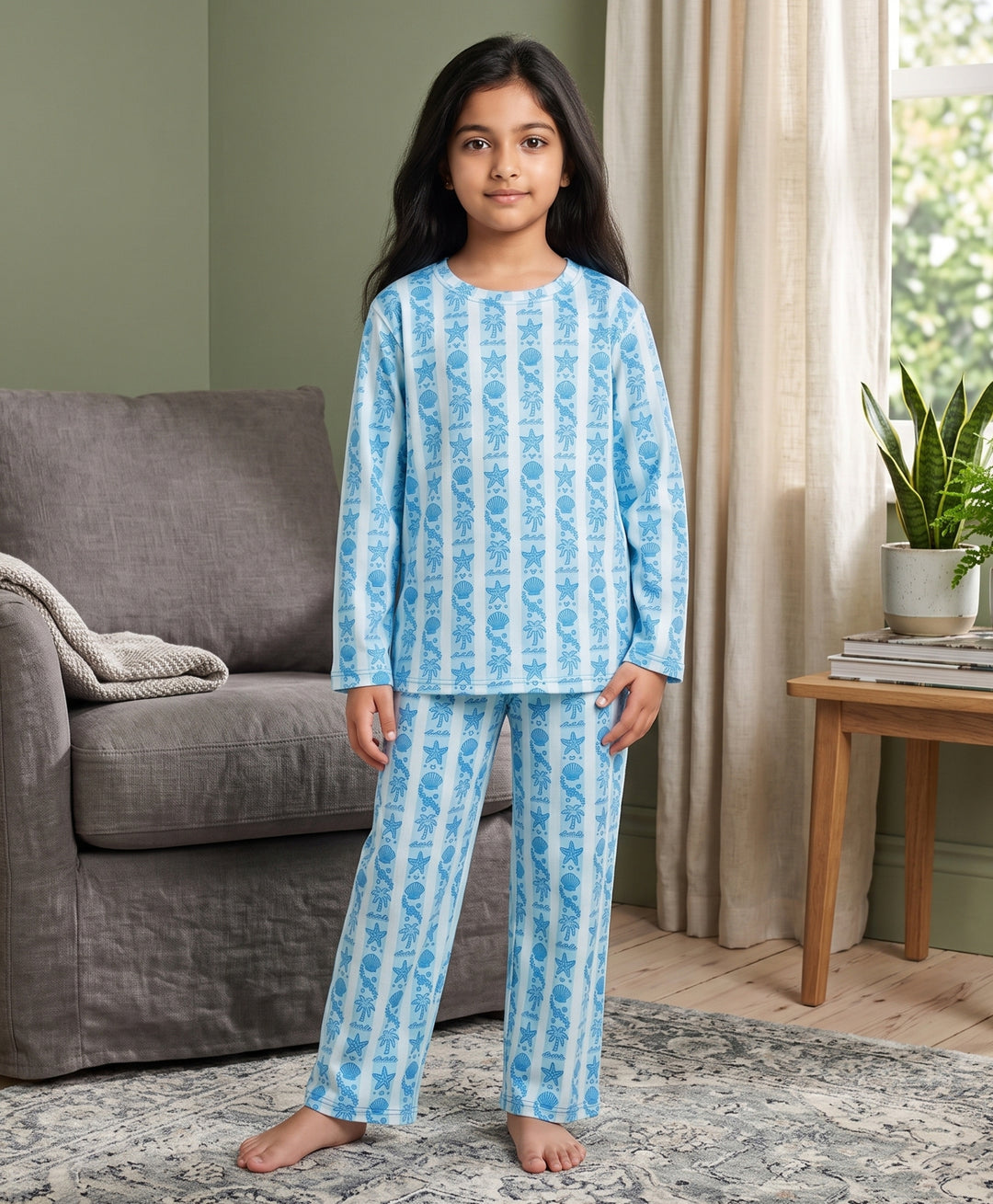 Beach Day Stripe Girls Long Sleeve Pyjama Set  - Sky