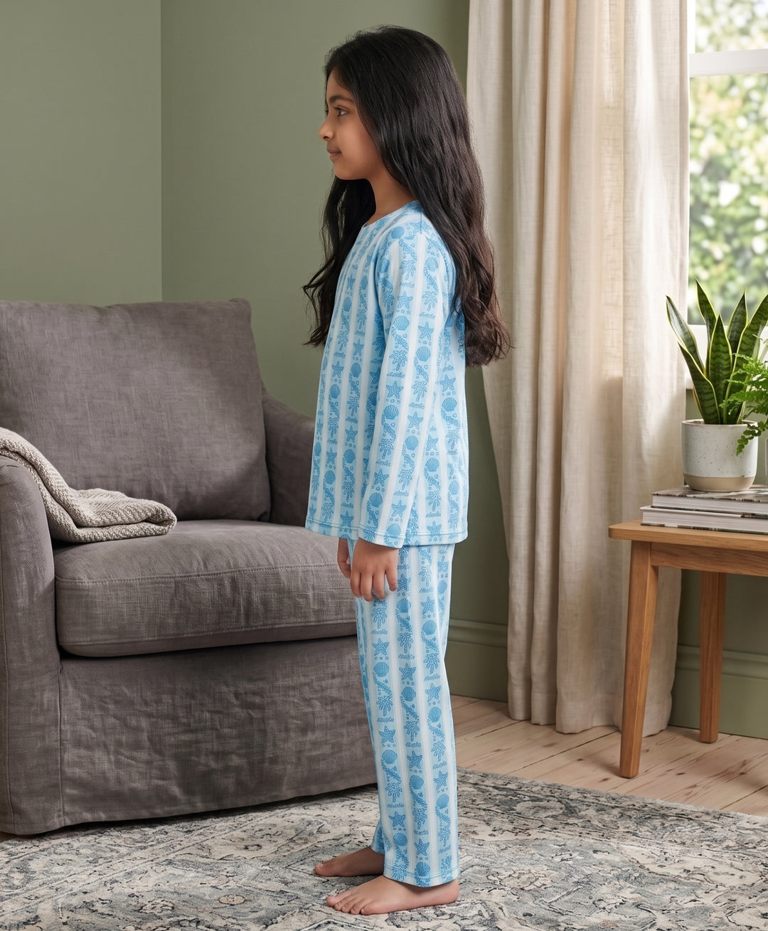 Beach Day Stripe Girls Long Sleeve Pyjama Set  - Sky