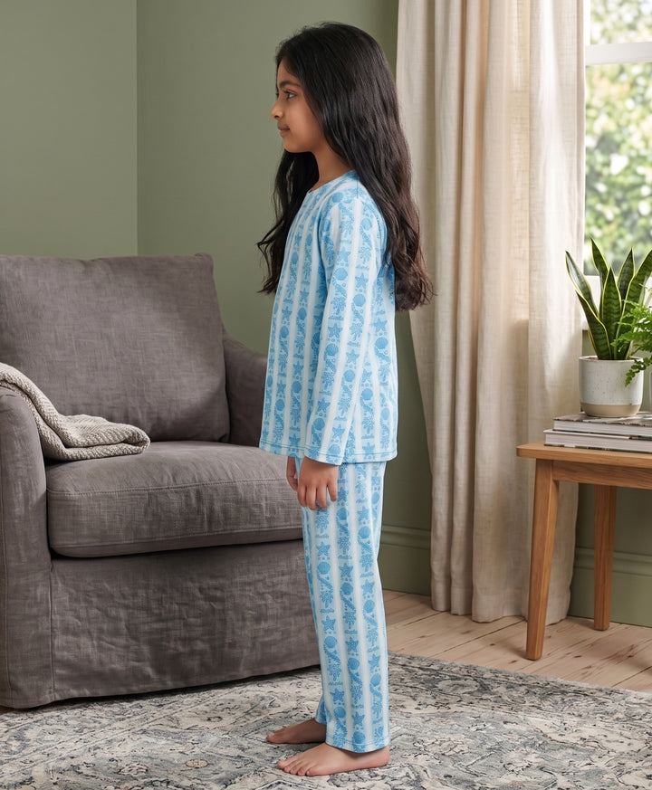 Beach Day Stripe Girls Long Sleeve Pyjama Set  - Sky