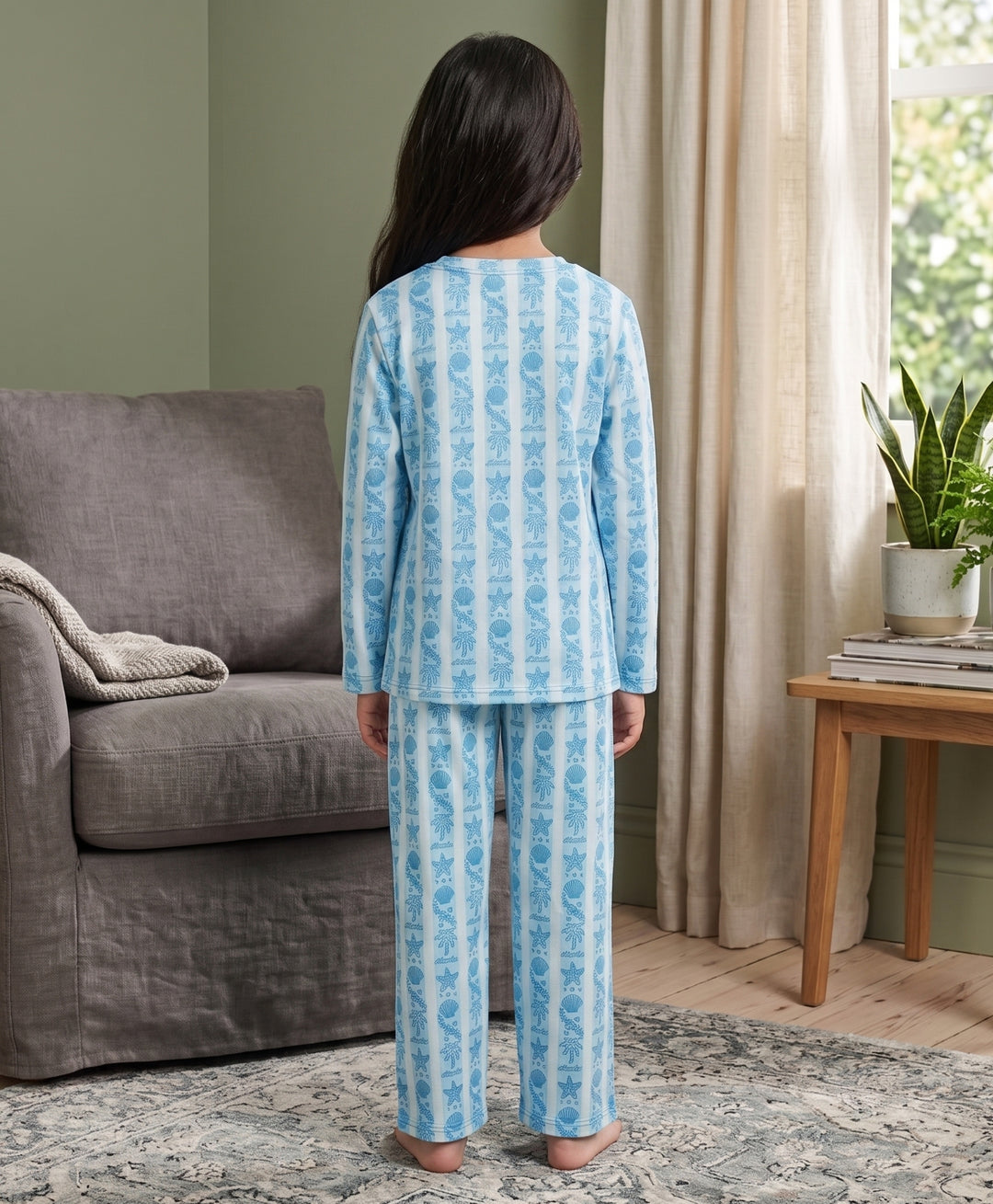 Beach Day Stripe Girls Long Sleeve Pyjama Set  - Sky