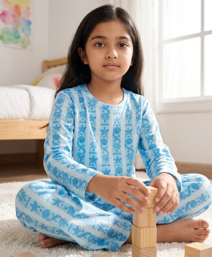Beach Day Stripe Girls Long Sleeve Pyjama Set  - Sky