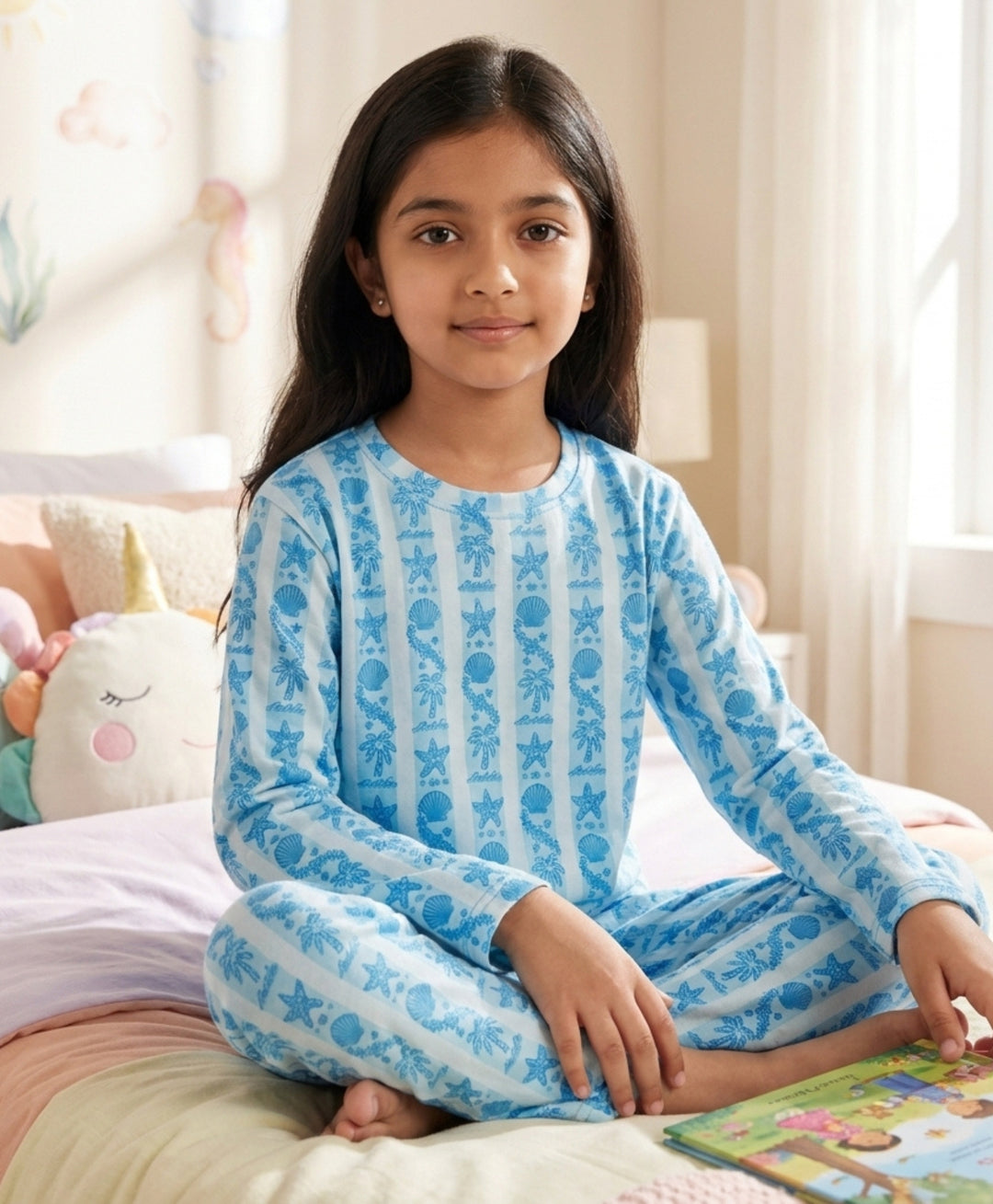 Beach Day Stripe Girls Long Sleeve Pyjama Set  - Sky