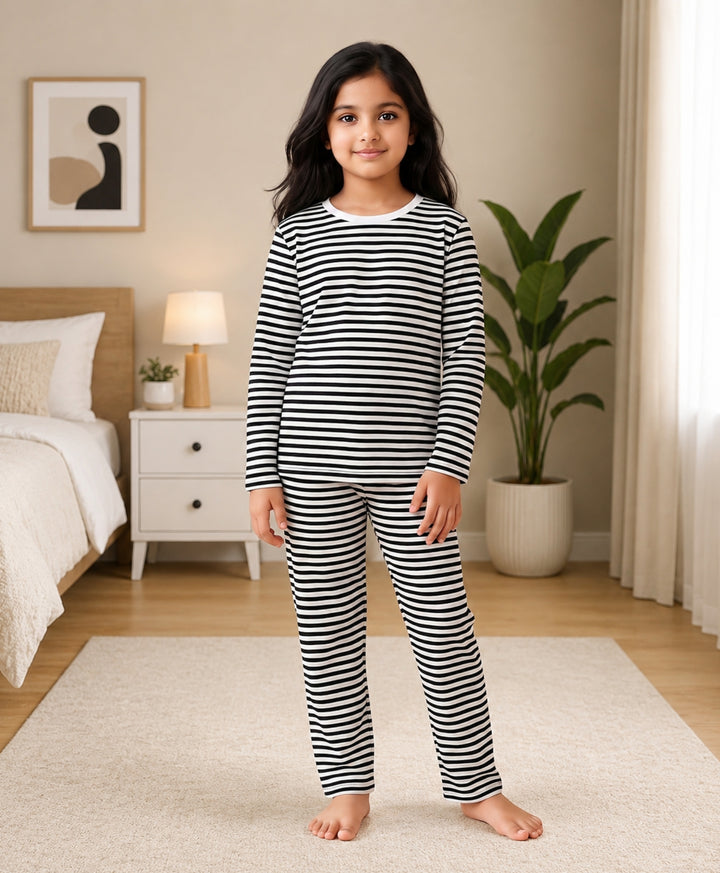 Black White Stripe Girls Long Sleeve Pyjama Set - Black/White