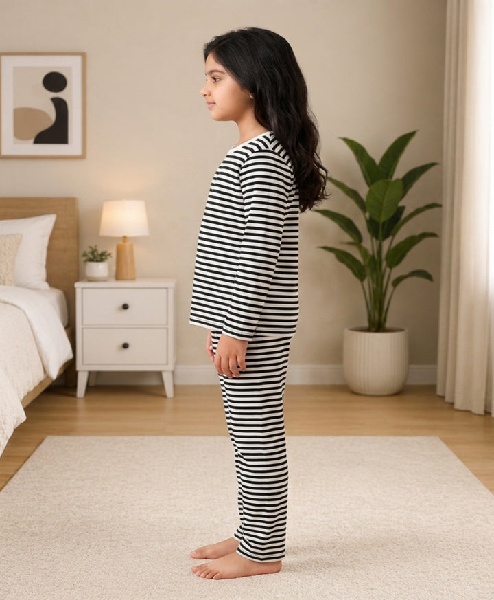 Black White Stripe Girls Long Sleeve Pyjama Set - Black/White