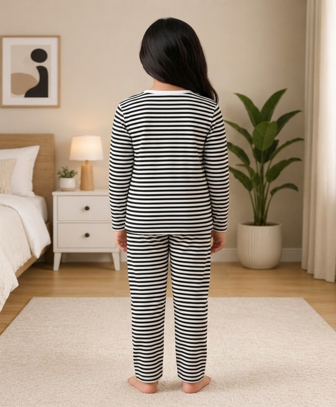 Black White Stripe Girls Long Sleeve Pyjama Set - Black/White
