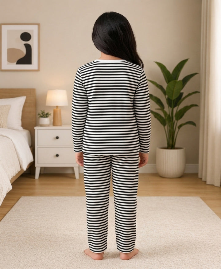 Black White Stripe Girls Long Sleeve Pyjama Set - Black/White