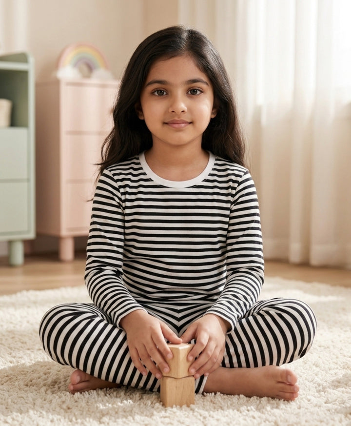 Black White Stripe Girls Long Sleeve Pyjama Set - Black/White