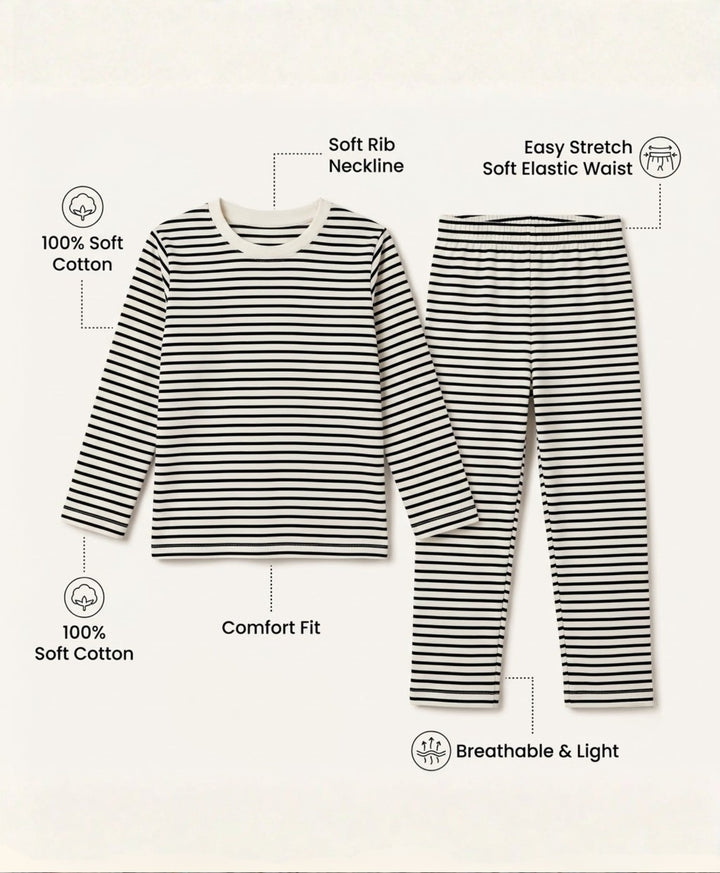 Black White Stripe Girls Long Sleeve Pyjama Set - Black/White
