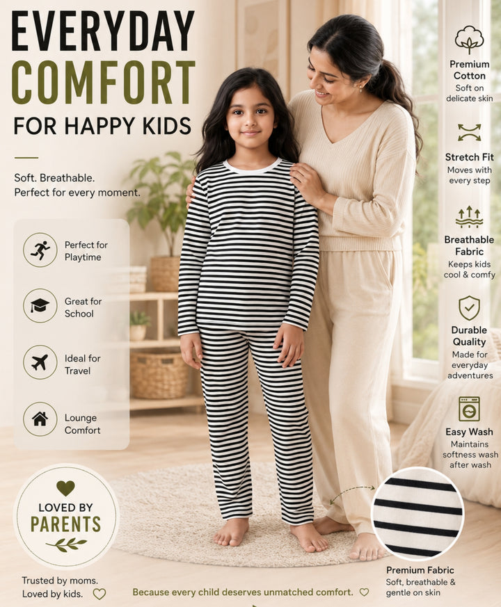 Black White Stripe Girls Long Sleeve Pyjama Set - Black/White