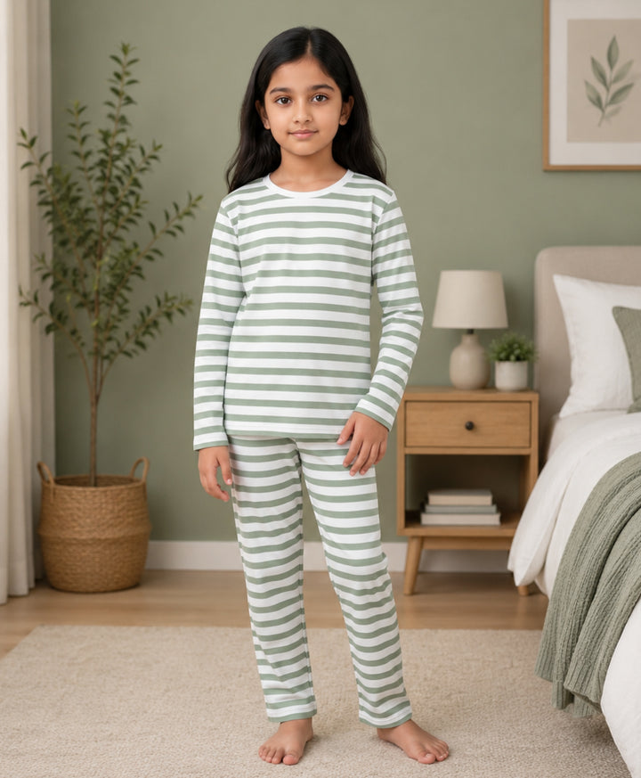 Green White Stripe Girls Long Sleeve Pyjama Set - Green/White