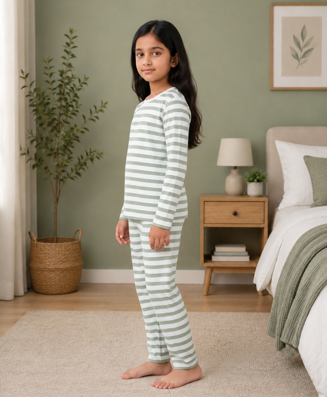 Green White Stripe Girls Long Sleeve Pyjama Set - Green/White