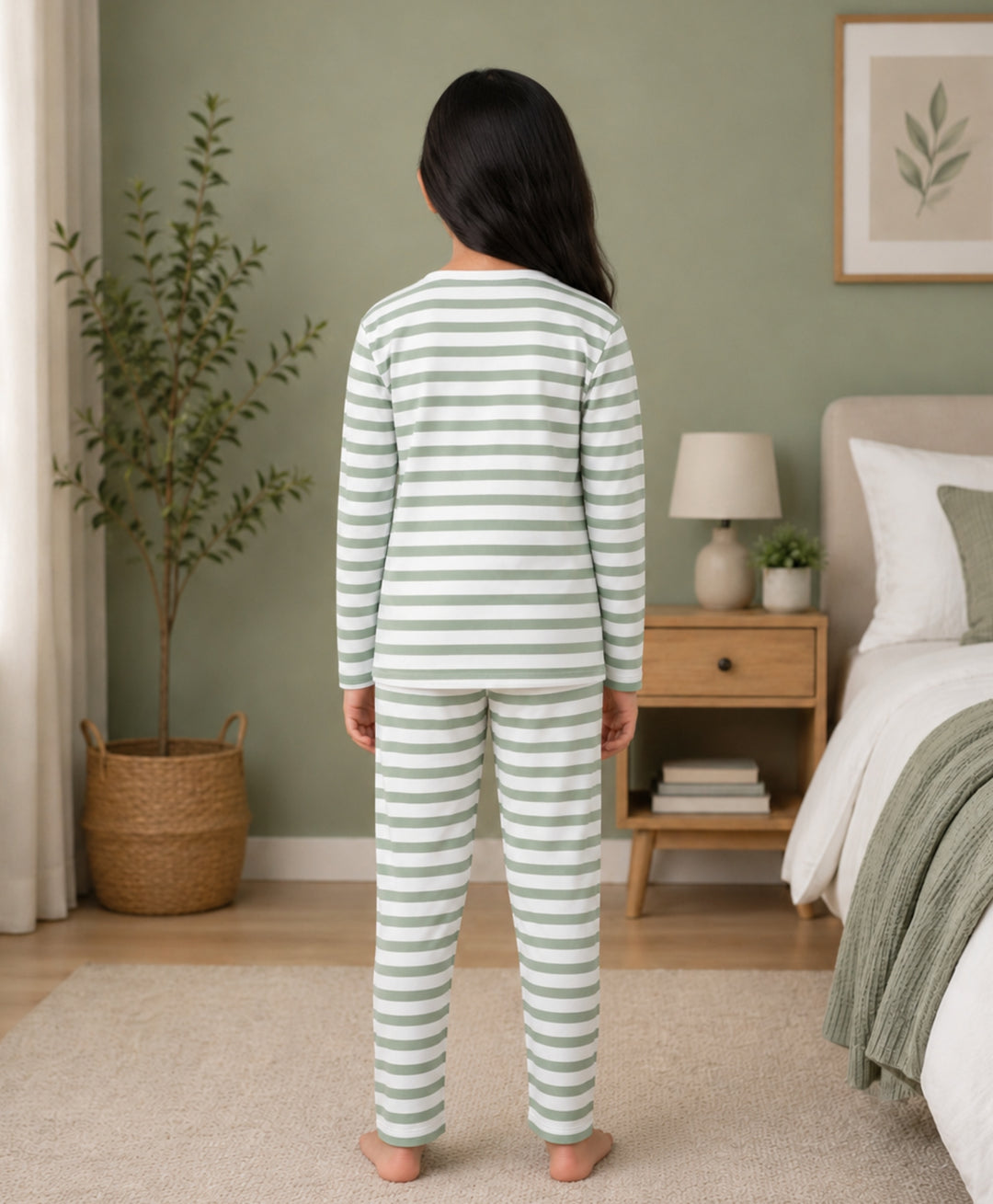 Green White Stripe Girls Long Sleeve Pyjama Set - Green/White