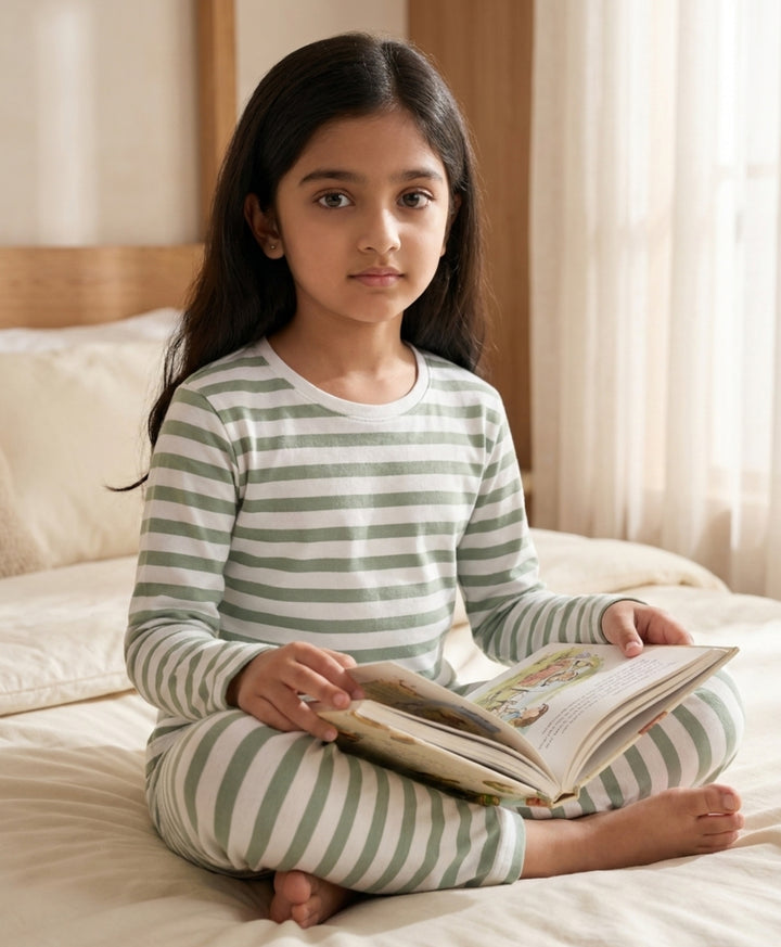 Green White Stripe Girls Long Sleeve Pyjama Set - Green/White