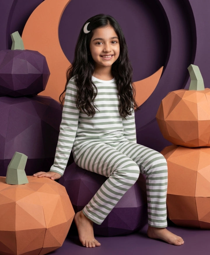 Green White Stripe Girls Long Sleeve Pyjama Set - Green/White