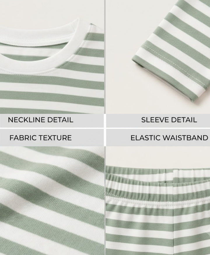 Green White Stripe Girls Long Sleeve Pyjama Set - Green/White