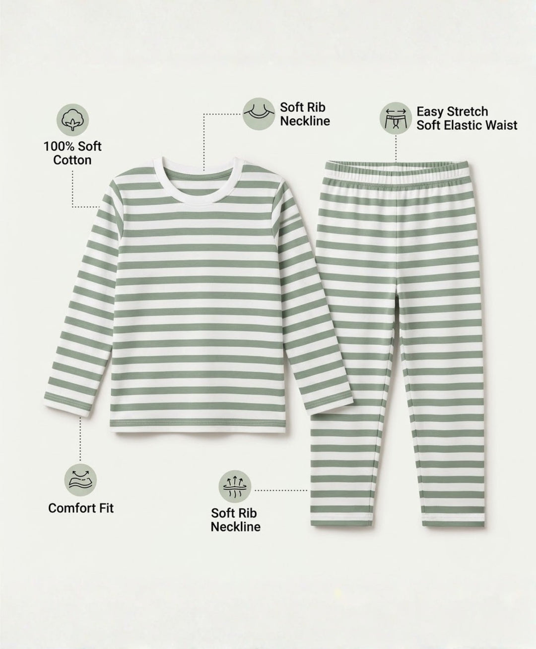 Green White Stripe Girls Long Sleeve Pyjama Set - Green/White