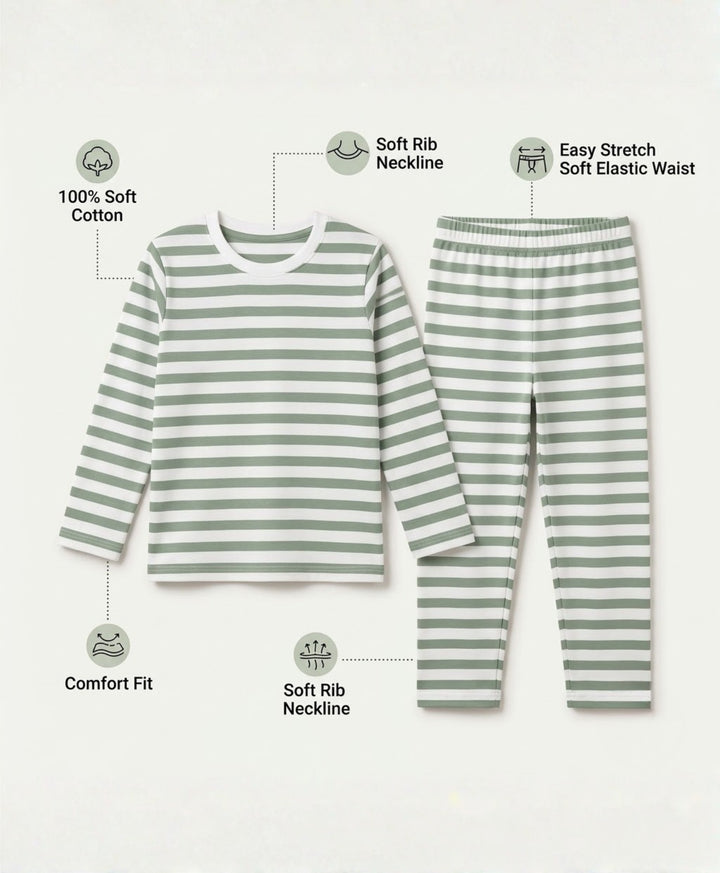Green White Stripe Girls Long Sleeve Pyjama Set - Green/White