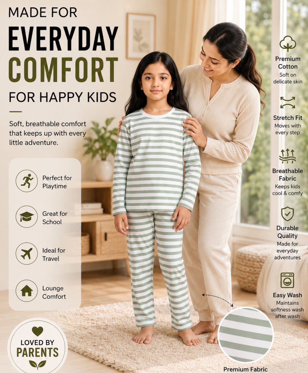 Green White Stripe Girls Long Sleeve Pyjama Set - Green/White