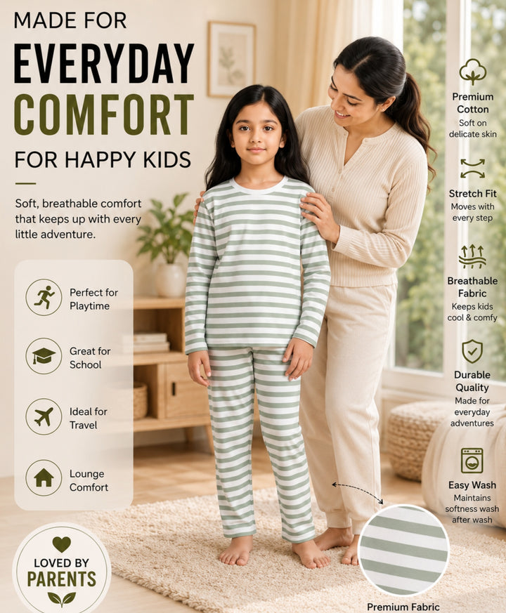 Green White Stripe Girls Long Sleeve Pyjama Set - Green/White