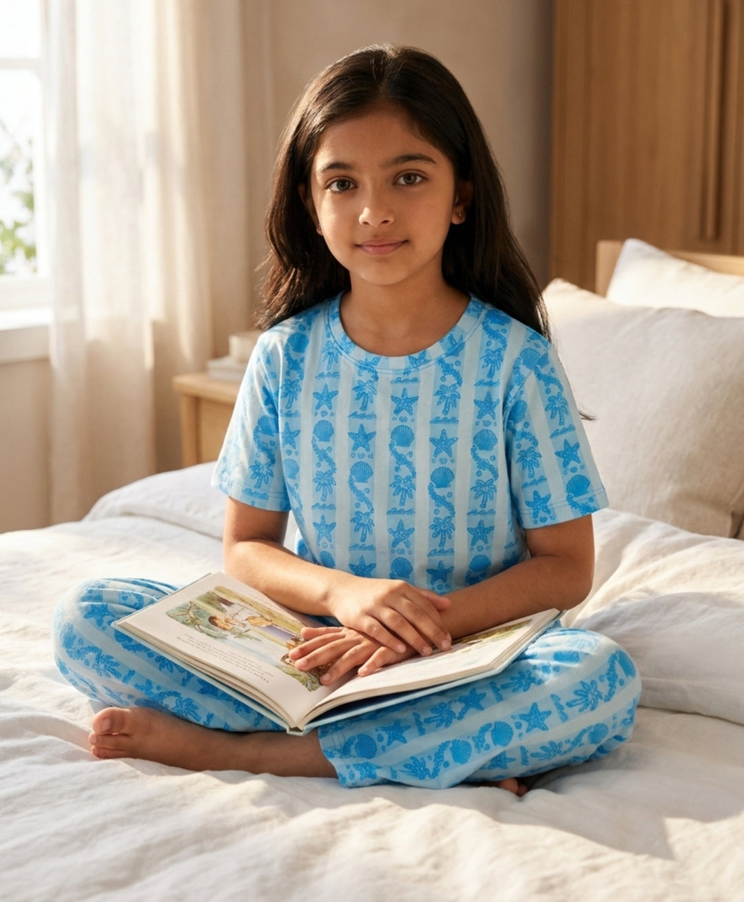 Beach Day Stripe Girls Short Sleeve Pyjama Set - Sky