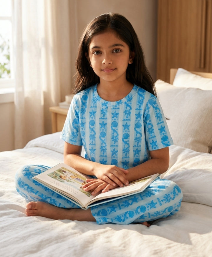 Beach Day Stripe Girls Short Sleeve Pyjama Set - Sky