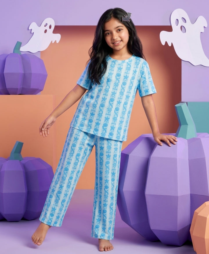 Beach Day Stripe Girls Short Sleeve Pyjama Set - Sky
