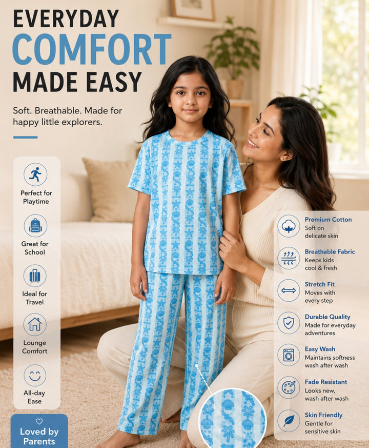 Beach Day Stripe Girls Short Sleeve Pyjama Set - Sky