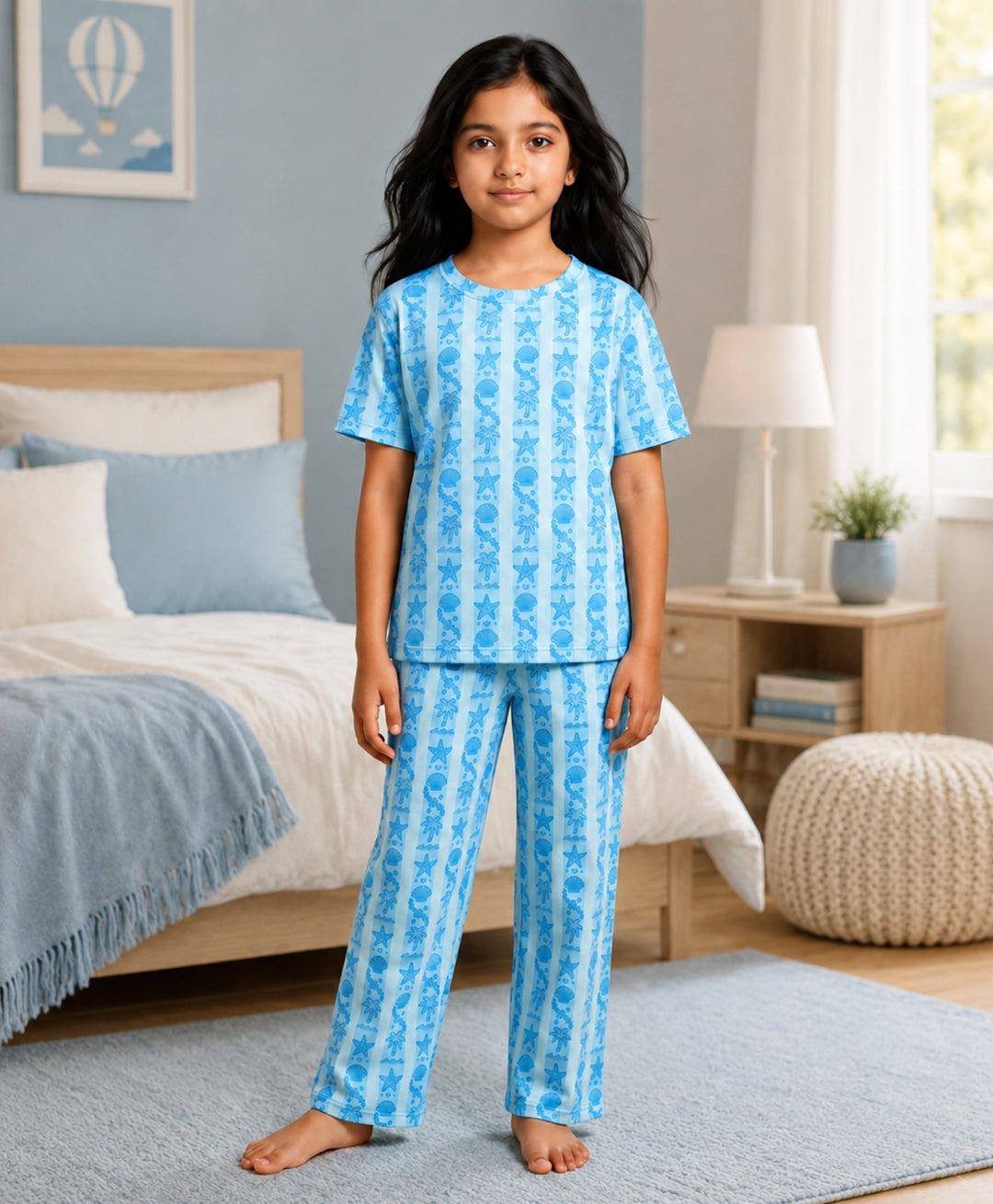 Beach Day Stripe Girls Short Sleeve Pyjama Set - Sky