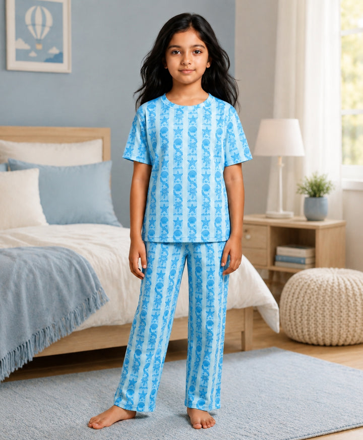 Beach Day Stripe Girls Short Sleeve Pyjama Set - Sky