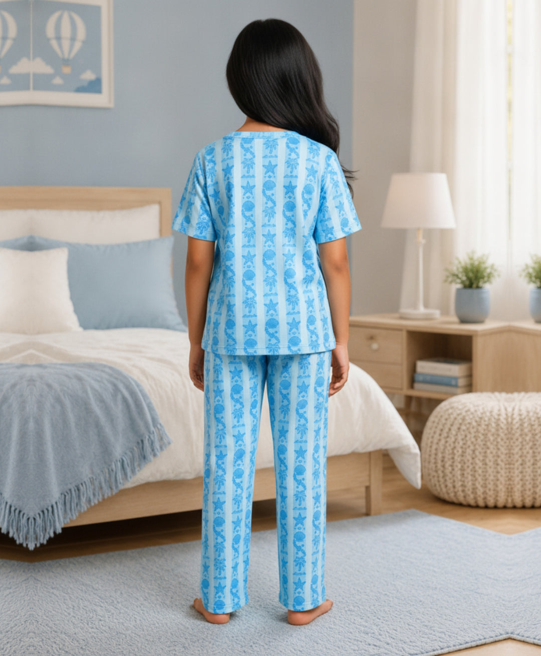 Beach Day Stripe Girls Short Sleeve Pyjama Set - Sky