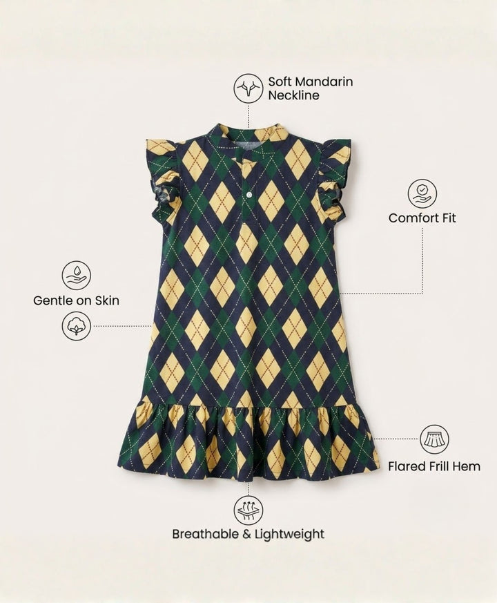 Diamond Check Frill Dress - Navy