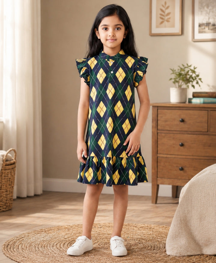 Diamond Check Frill Dress - Navy