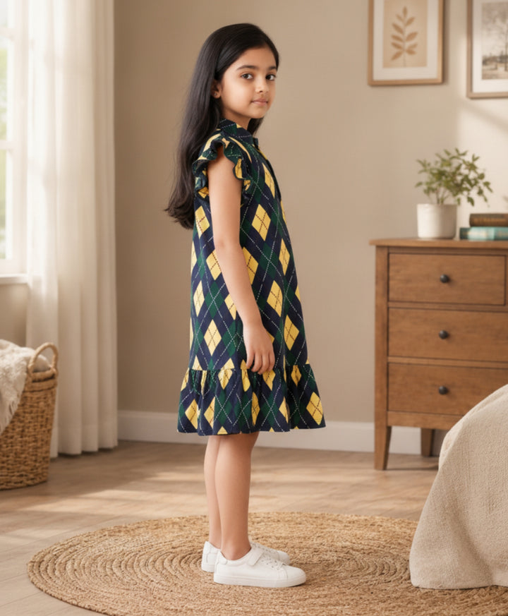 Diamond Check Frill Dress - Navy