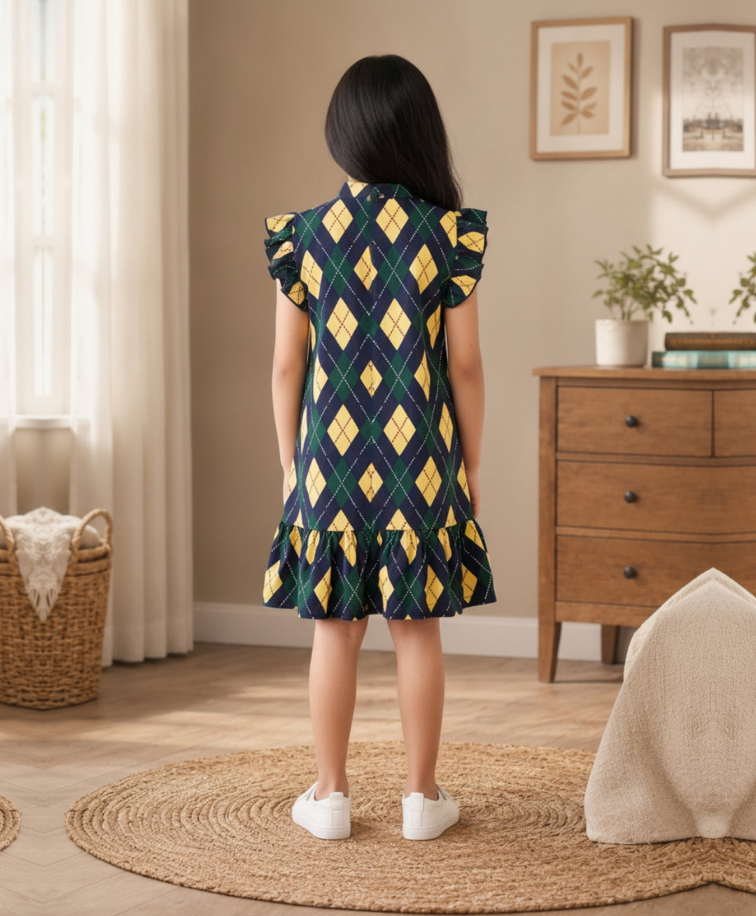 Diamond Check Frill Dress - Navy