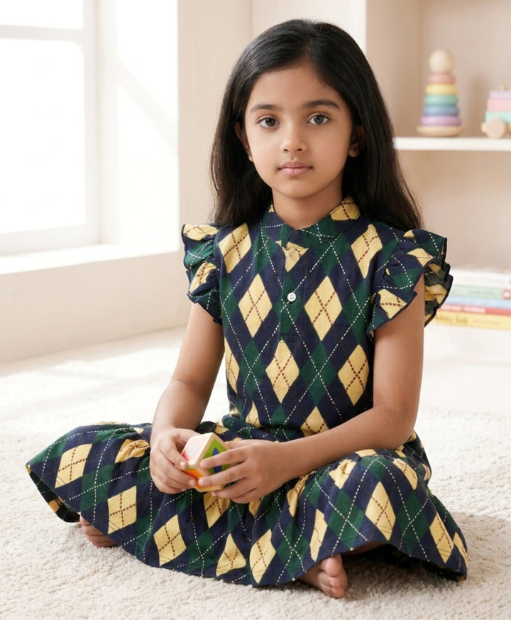 Diamond Check Frill Dress - Navy