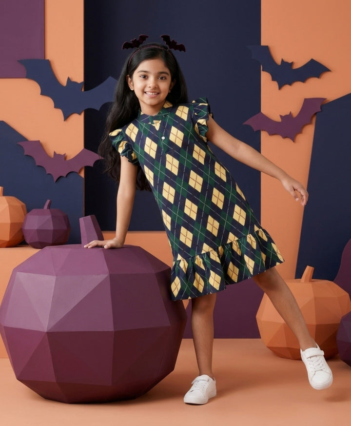 Diamond Check Frill Dress - Navy