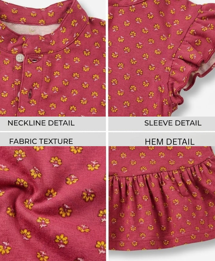 Sunflower Print Frill Dress - Maroon