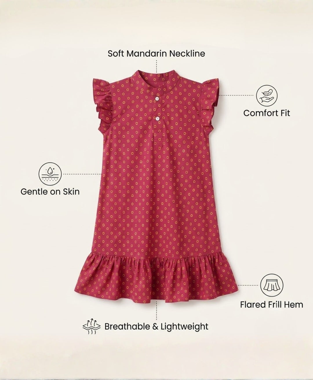 Sunflower Print Frill Dress - Maroon