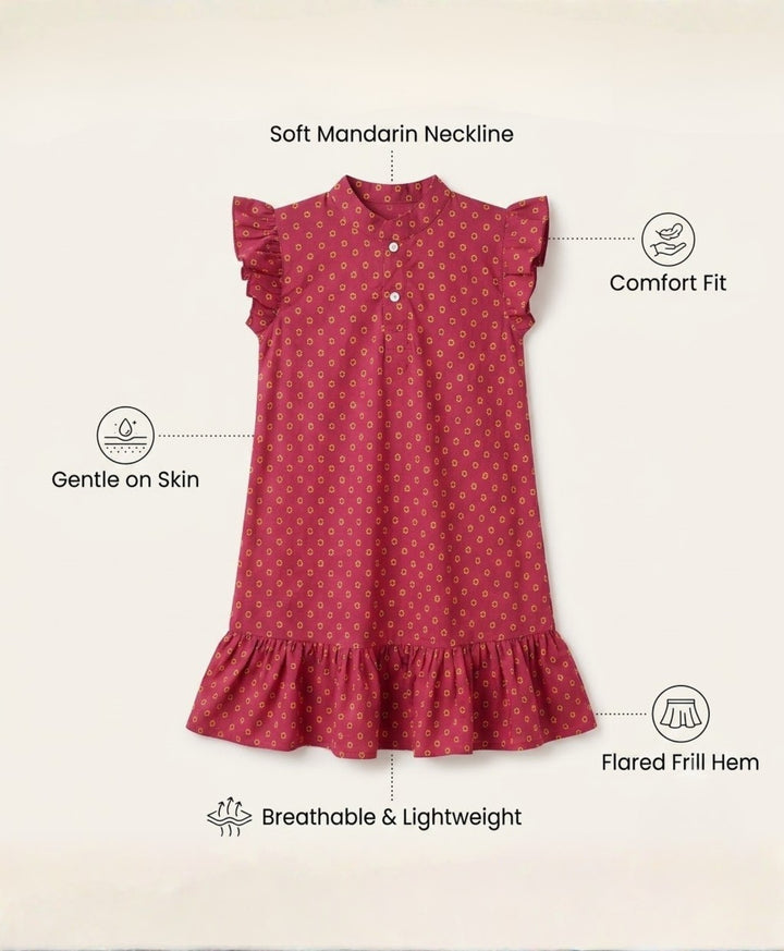 Sunflower Print Frill Dress - Maroon